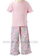 Girls 100% Pink Ribbed Tee with Patched Check Flower Pants